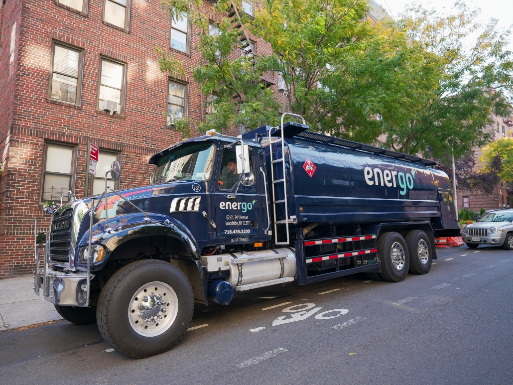 Energo fuel truck delivering heating oil in New York City