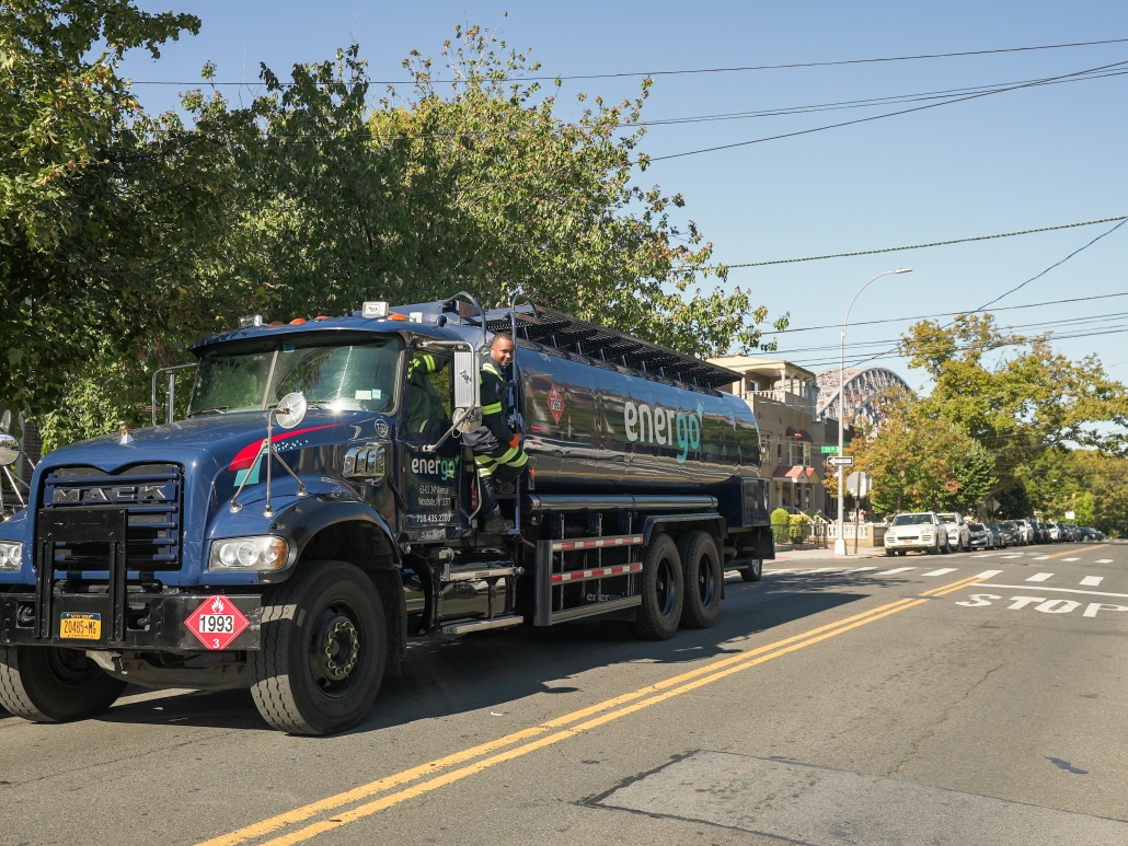 Energo truck under bridge during heating oil delivery route