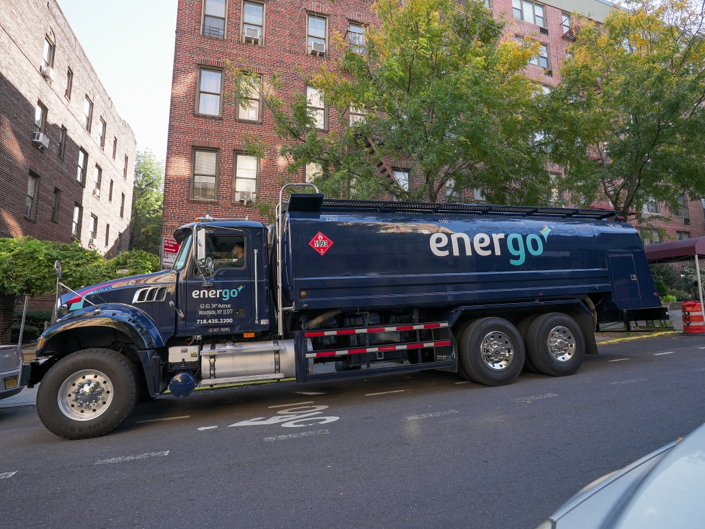 Energo heating oil truck parked on residential street in Brooklyn