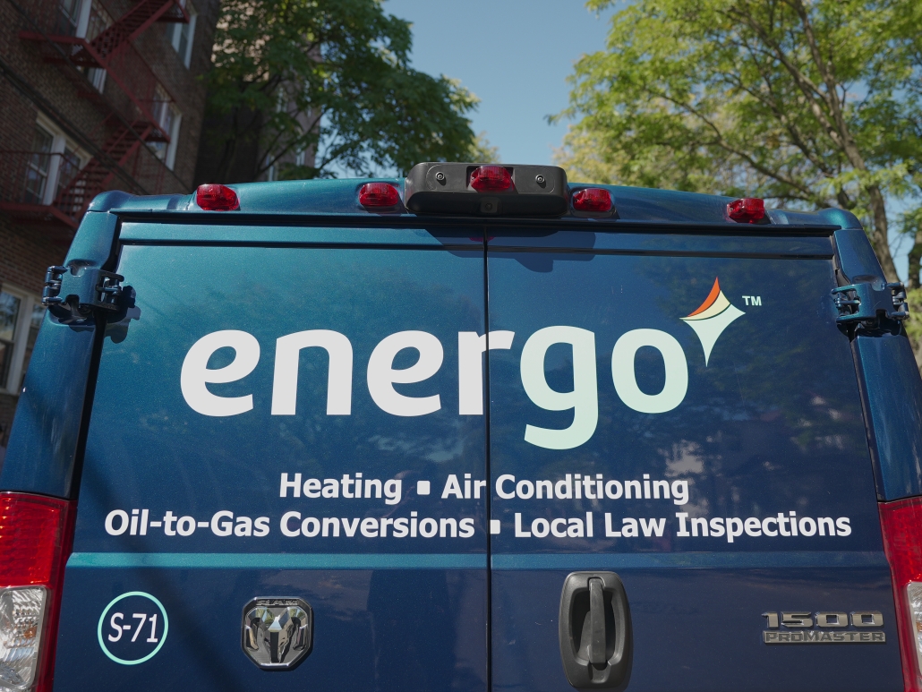 Energo branded service van with heating, cooling, and compliance services in NYC