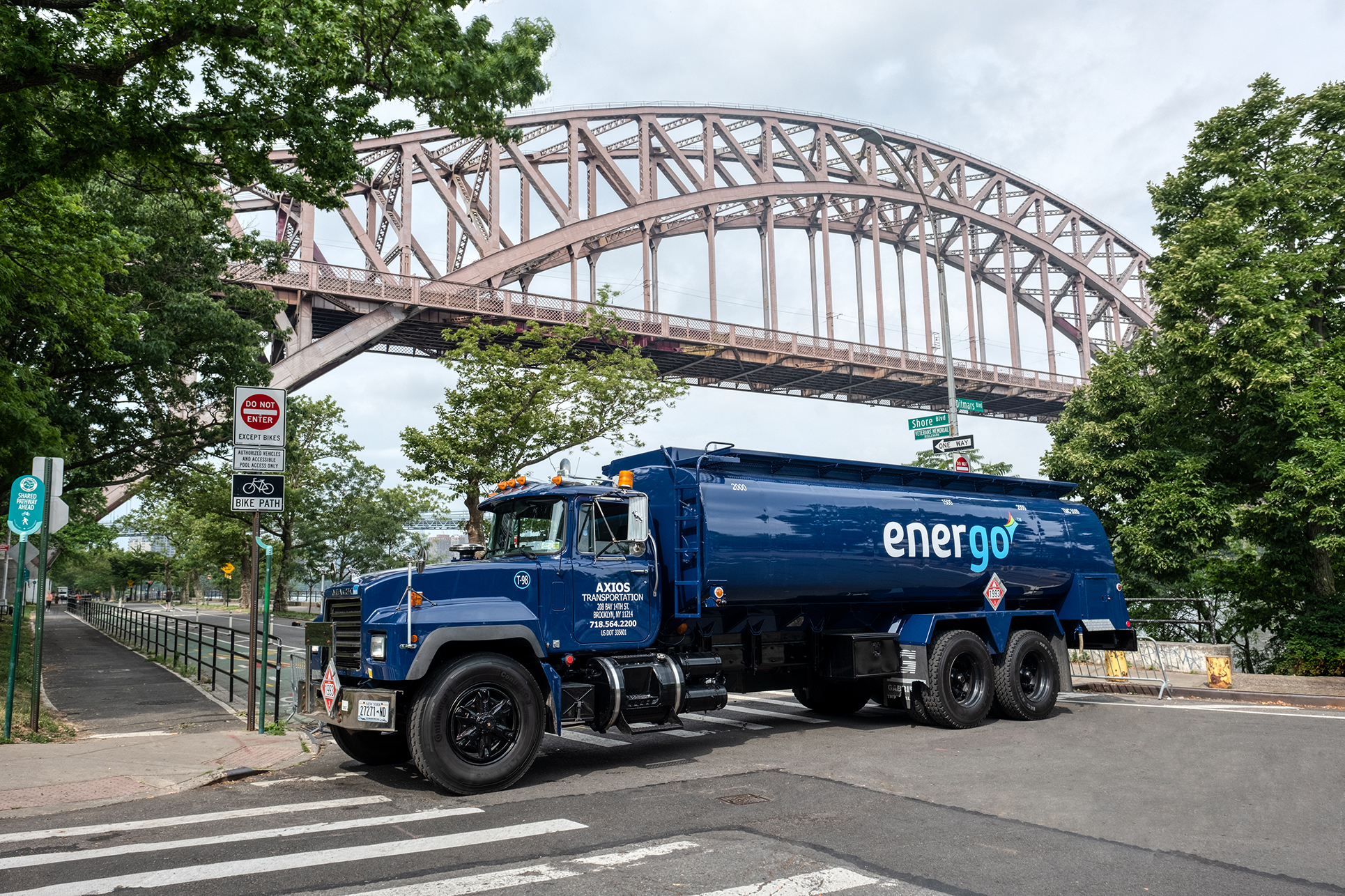 Energo truck under bridge on NYC heating oil delivery route