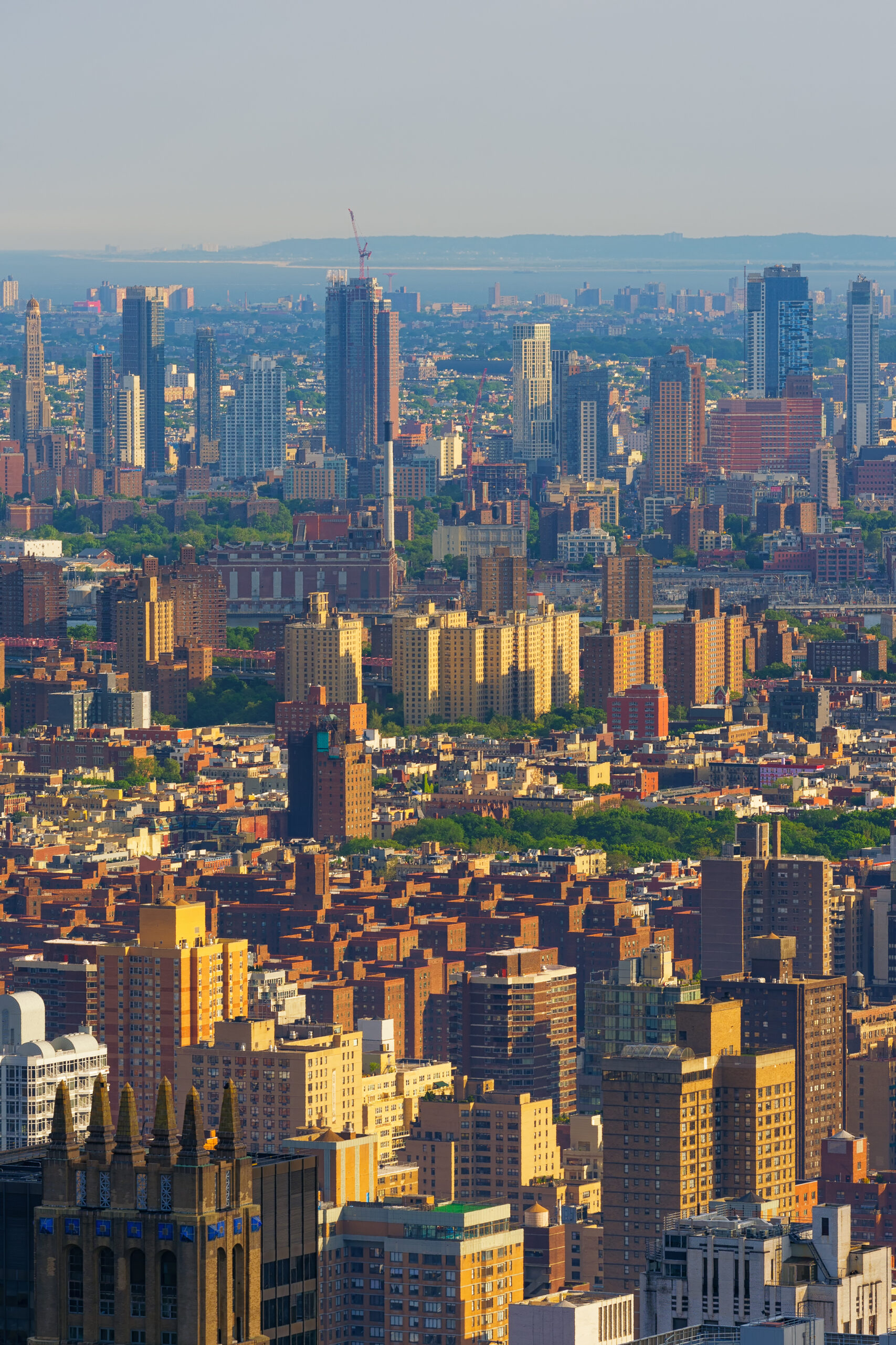 Aerial skyline view of Manhattan skyscrapers at sunset