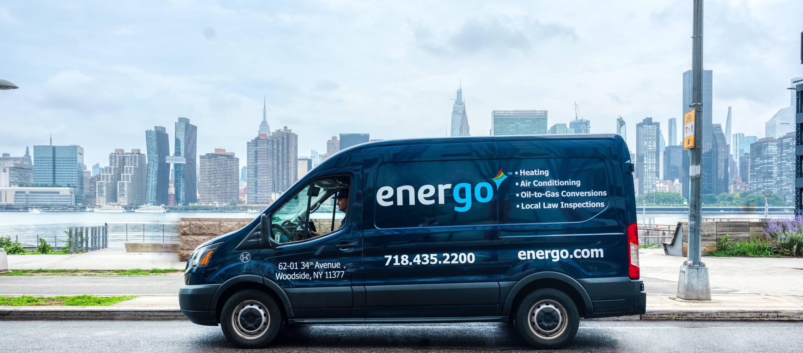 Energo residential heating oil delivery truck at NYC facility during winter