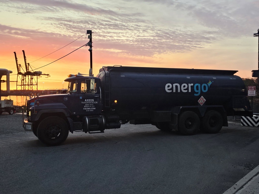 Energo heating oil delivery truck at sunset in NYC
